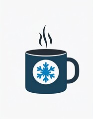 Cup with Warm Drink, tea or coffee in a blue mug with steam and snowflake icon, vector like digital illustration