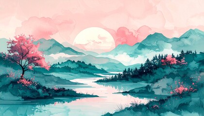  Landscape teal and pink watercolor, river, trees and sunset, sunrise, sun, sky, mountains, dawn, morning scenery