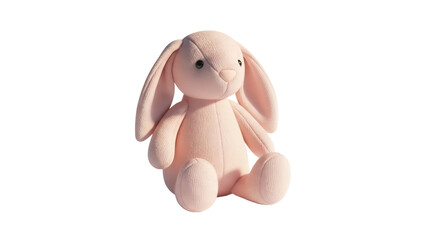 Cute pink bunny plush toy isolated PNG on transparent background, soft stuffed animal for kids and baby room decor