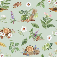 Watercolor botanical illustrations of the fragrant plants and flowers, seamless pattern. Elegant, detailed, and colorful artwork for home textile, fabric, wallpaper, wrapping paper, and more