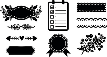 Decorative black vintage floral labels checklist and ribbon badge vector set 