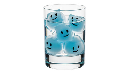 Glass of water with blue ice cubes with smiley faces PNG isolated, refreshing drink for summer and fun