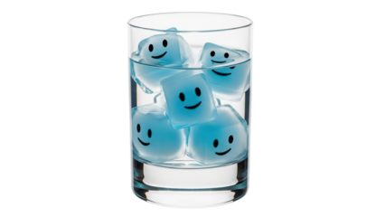 Glass of water with blue ice cubes with smiley faces PNG isolated, refreshing drink for summer and fun