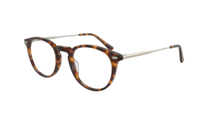 Round tortoiseshell eyeglasses isolated PNG on transparent background, stylish eyewear with silver temples for fashion and vision correction