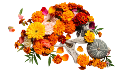 Memento Mori floral skull arrangement with vibrant blossoms and delicate petals, symbolizing life and decay for thematic projects and symbolic concepts