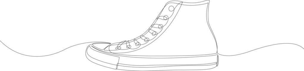 Continuous one line drawing of casual canvas sneaker. Minimalist black vector illustration of classic lace up footwear isolated on white background.