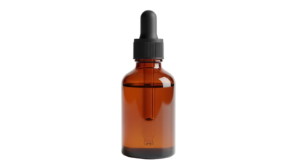 Amber glass bottle with dropper isolated PNG, essential oil container on transparent background for aromatherapy and skincare products