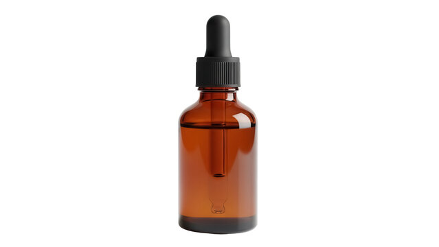 Amber glass bottle with dropper isolated PNG, essential oil container on transparent background for aromatherapy and skincare products