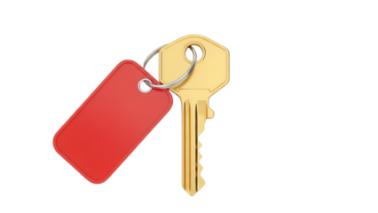 Gold key with red tag isolated PNG, security and access concept for design projects and presentations, on transparent background