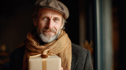 Portrait of a middle-aged man holding a gift box, gentle warm lighting