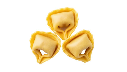 Three tortelloni pasta isolated on transparent background PNG, traditional Italian stuffed pasta with meat or cheese filling for food design