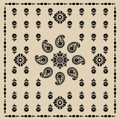 Elegant scarf pattern design. Hijab motif ornament, fabric kerchief vector wallpaper, Ornamental paisley graphic for a bandana, Geometric ornament with frame and border. Line art, lace, embroidery © supachai