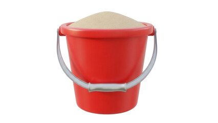 Red plastic bucket full of sand isolated PNG, beach toy for kids to play in the sandbox or at the seaside, on transparent background