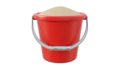Red plastic bucket full of sand isolated PNG, beach toy for kids to play in the sandbox or at the seaside, on transparent background
