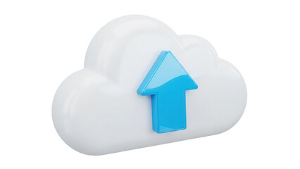 3D cloud with blue arrow isolated PNG, upload icon for cloud storage and data transfer on transparent background