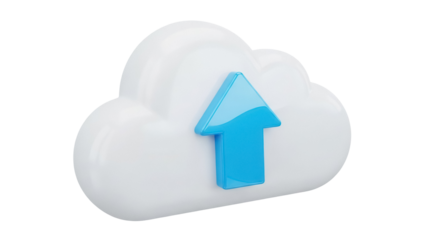 3D cloud with blue arrow isolated PNG, upload icon for cloud storage and data transfer on transparent background