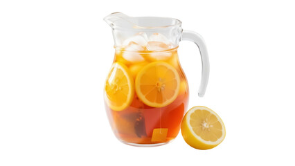 Refreshing iced tea with lemon slices in a glass pitcher isolated PNG, summer drink for refreshment and healthy lifestyle