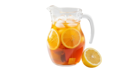 Refreshing iced tea with lemon slices in a glass pitcher isolated PNG, summer drink for refreshment and healthy lifestyle