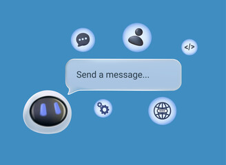 Futuristic AI virtual assistant for customer service, chatbot technology, includes options buttons. Futuristic smart search automation, AI chatbot, digital business support, futuristic AI