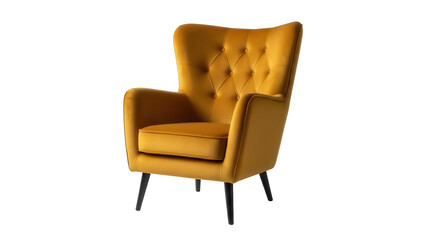 Elegant mustard yellow armchair isolated PNG, stylish tufted wingback chair with black legs for living room or lounge area decor