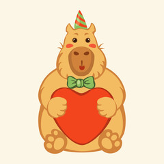 Flat vector illustration in a simple children s style. A cute capybara is flying on heart-shaped balloons. Valentine s Day Holiday