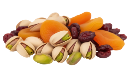 Pile of pistachios, dried apricots, and cranberries isolated PNG, healthy snack mix on transparent background for food and nutrition concepts