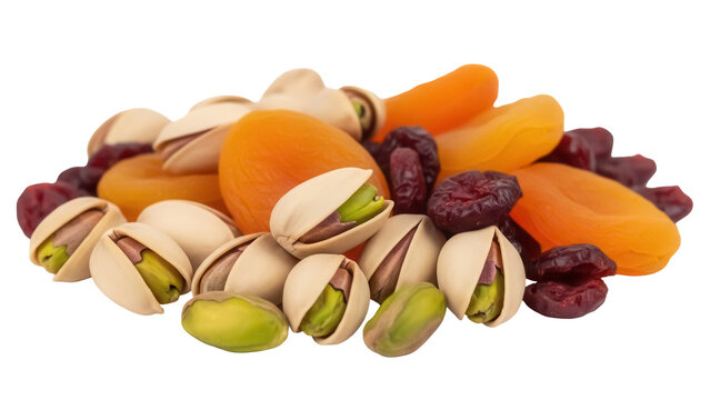 Pile of pistachios, dried apricots, and cranberries isolated PNG, healthy snack mix on transparent background for food and nutrition concepts