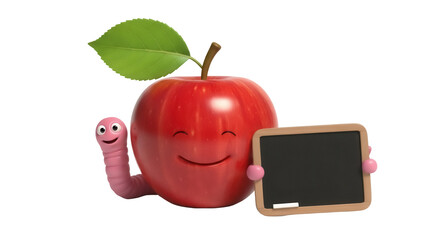 Cartoon apple with worm holding chalkboard PNG isolated on transparent background, back to school concept for education and learning