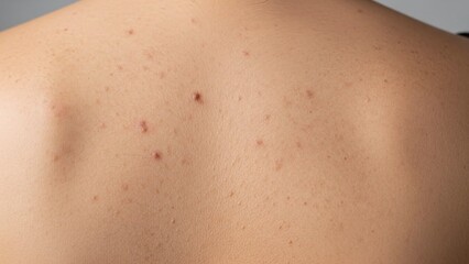 uneven skin tone and acne on female back for dermatological clinics, medical education, healthcare blogs, skincare treatment awareness and presentations
