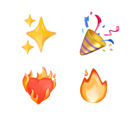 Party popper with confetti, sparkles, fire, heart on fire emoticons, emoji. 3d emoji party popper, love, sparkles and flame icon illustration design. festive birthday celebration emoji