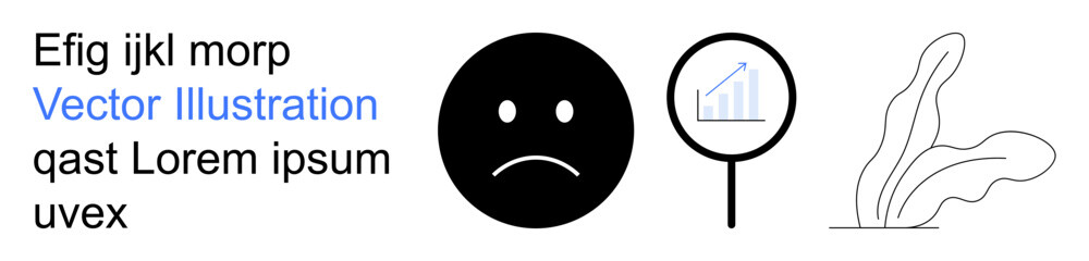 Fototapeta premium Emotional expression, data analysis, financial review, botanical illustration, minimalism, business concepts. Black sad face, magnifying glass with a chart and plant line art. Emotional expression