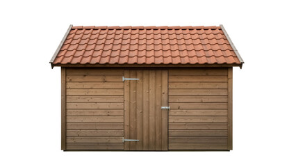 Wooden garden shed with red tile roof isolated PNG, outdoor storage structure for tools and equipment on transparent background