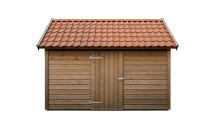 Wooden garden shed with red tile roof isolated PNG, outdoor storage structure for tools and equipment on transparent background