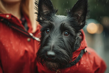 Woman joyfully walking a black dog in the gentle rain on a city street
