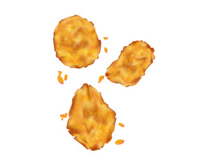 Golden crispy chicken nuggets stacked crispy stack of golden-brown chicken nuggets realistic 3D vector illustration. Falling fried chicken wings on white background. fried chicken pane chicken breast