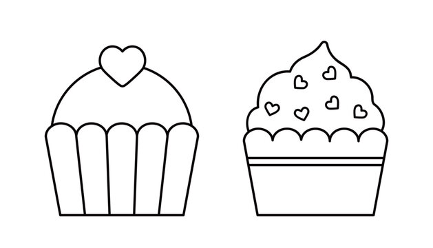 Set of Valentine's Day cupcake outline,  coloring pages and templates.