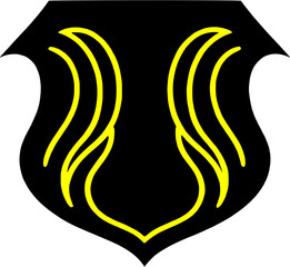 Abstract shield with yellow wavy lines and tribal patterns for mascot design isolated black armor shape vector emblem with flame motifs security symbol for gaming team branding logo.