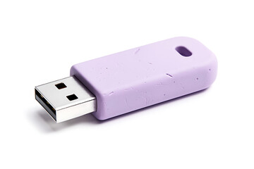 3D claymorphism purple USB flash drive icon for data storage and digital transfer isolated on white