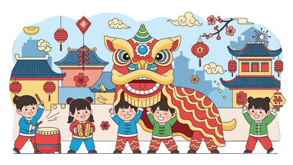 Happy children joyfully performing traditional Chinese lion dance in front of elegant temples and festive lanterns during New Year celebration. © 306