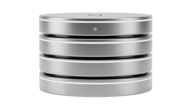 Silver smart home hub isolated PNG on transparent background, modern technology device for automation and connectivity in home - Powered by Adobe