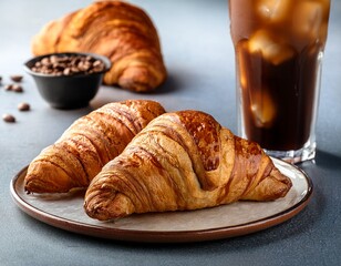 delicious golden croissants with iced coffee a perfect breakfast pairing