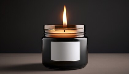 burning candle in a black jar with a blank label