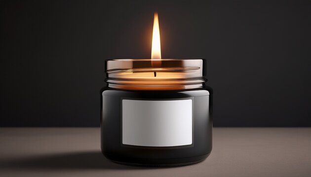 burning candle in a black jar with a blank label