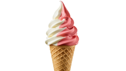 Delicious strawberry and vanilla soft serve ice cream cone isolated PNG, sweet dessert treat on transparent background for summer designs