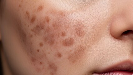 close-up of melasma on female cheek for skincare advertisements, dermatological clinics, beauty blogs, and medical brochures