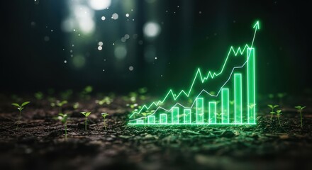 Green growth chart rising from soil with seedlings