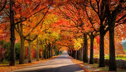 Naklejka premium Tree Lined Avenue During Autumn With The Colours Changing In The Leaves Of The Trees