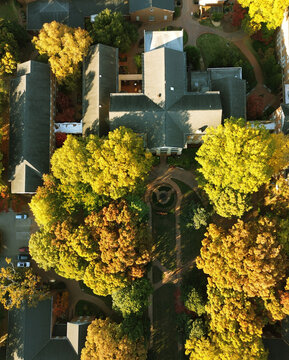 Raleigh, NC - USA - 12-17-2025: Overhead aerial view of the campus of William Peace University in Raleigh , North Carolina with Fall colors
