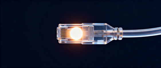 Detailed view of transparent network plug with bright glowing sphere inside, symbolizing fiber optic communication and internet.