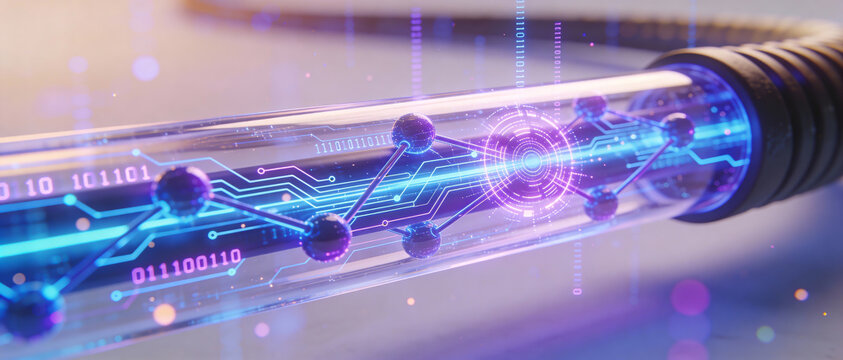 Transparent fiber optic cable with futuristic visualization of binary code and glowing data transmission nodes. - Powered by Adobe